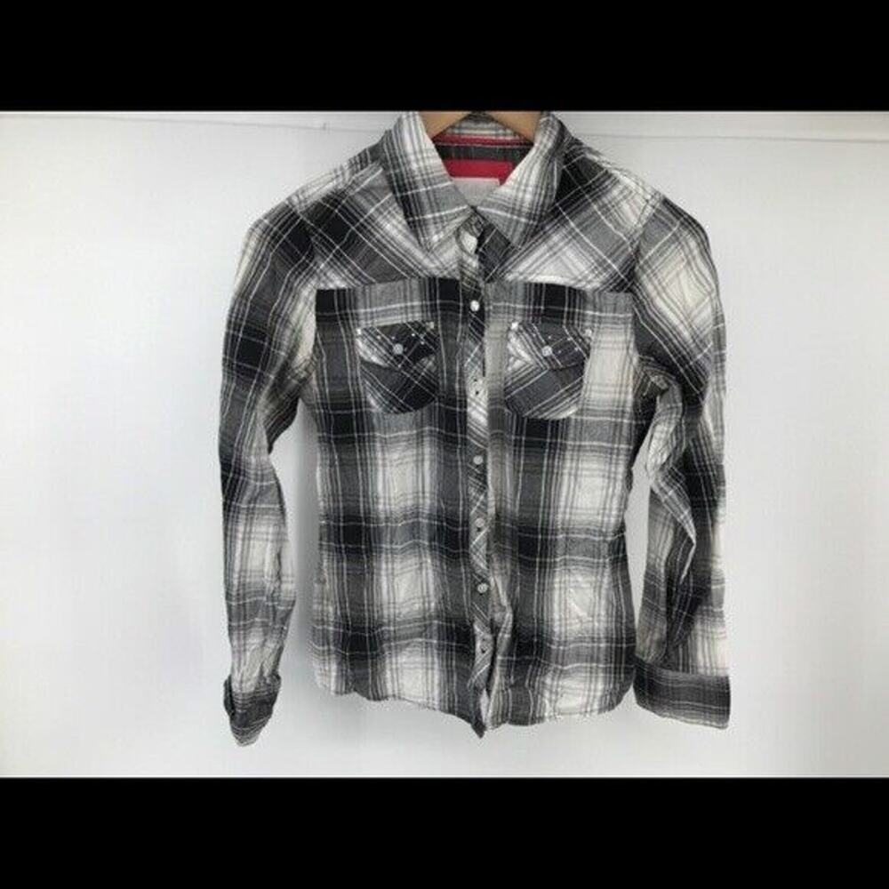 Justice Girls Black‎ & White Plaid Button Front Shirt Size 16 W/Metallic Threads